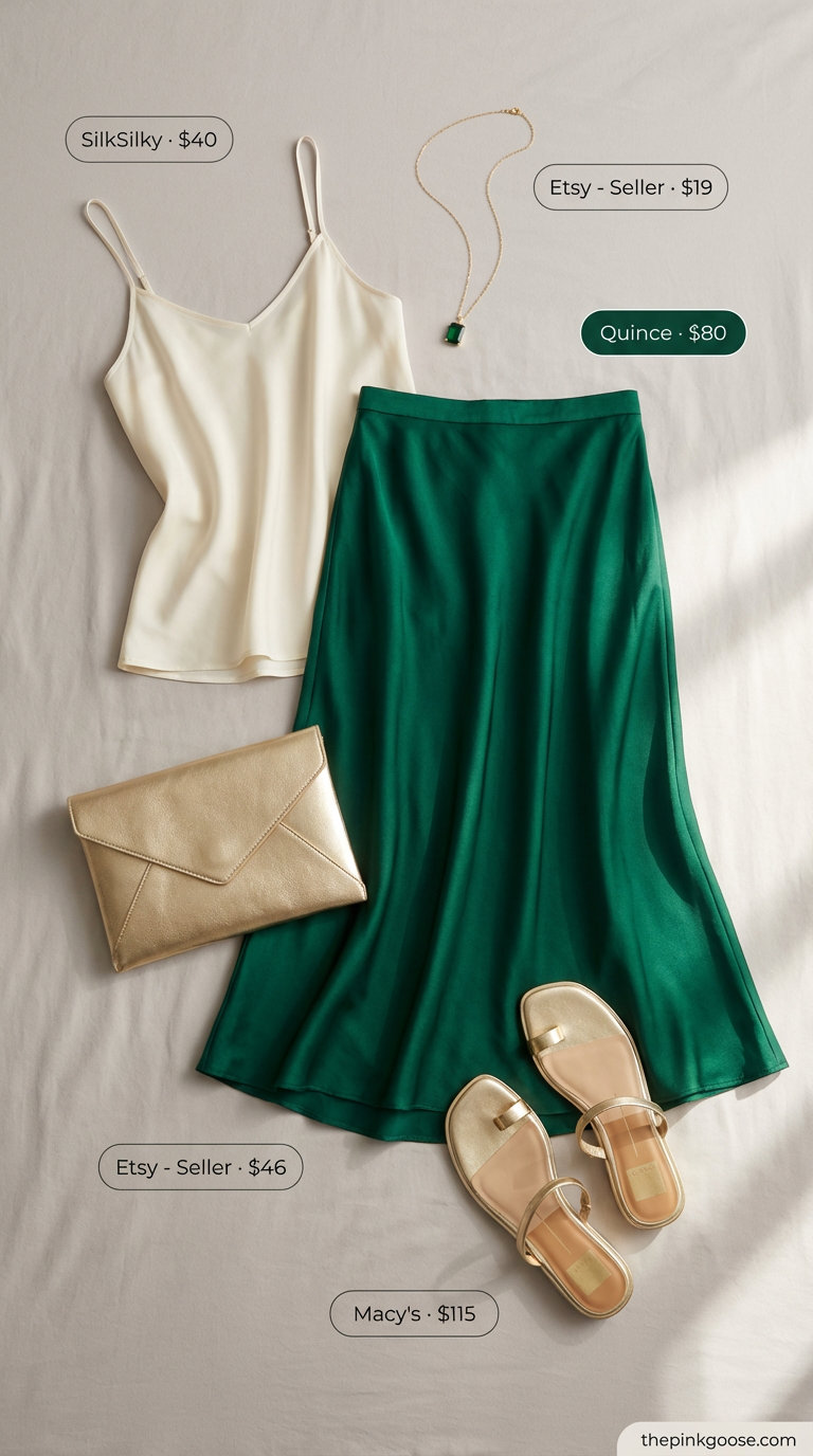 Elegant emerald green satin bias-cut maxi skirt with a cream silk camisole, gold embellished flat sandals, and a delicate pendant necklace, ideal for resort dinner summer 2026 outfits for women over 50.