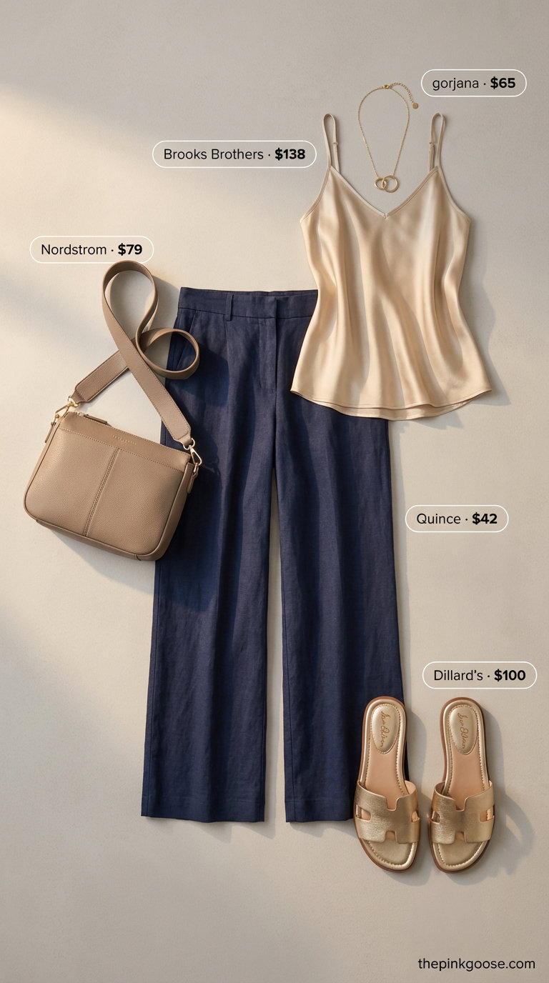 An elegant 'Riviera Chic' ensemble for summer 2026 outfits for women over 50, featuring navy wide-leg linen pants, a cream silk-blend camisole, and flat metallic gold slide sandals, perfect for vacation.