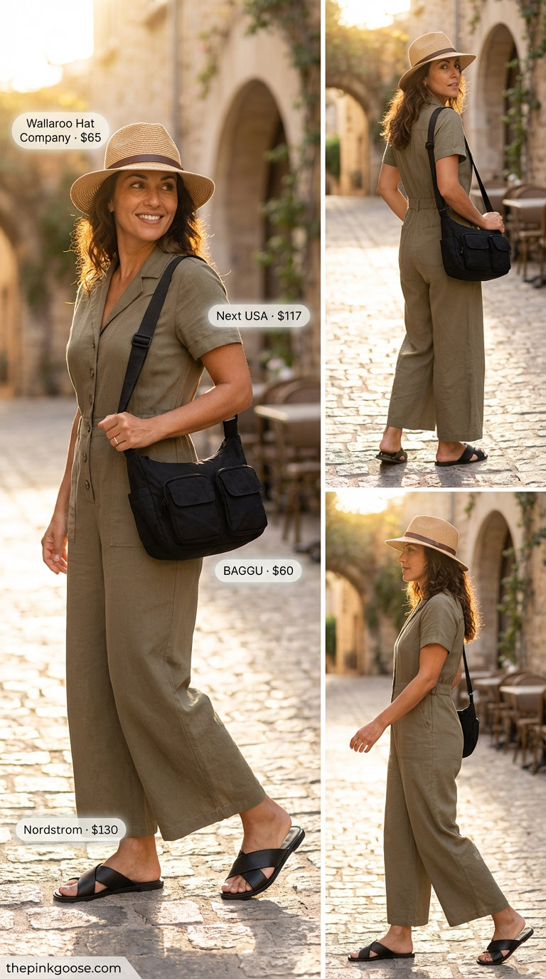 A woman wears a khaki green utility jumpsuit with black slides and a straw hat, perfect for stylish summer 2026 outfits for women over 50. Practical for travel or casual outdoor events.