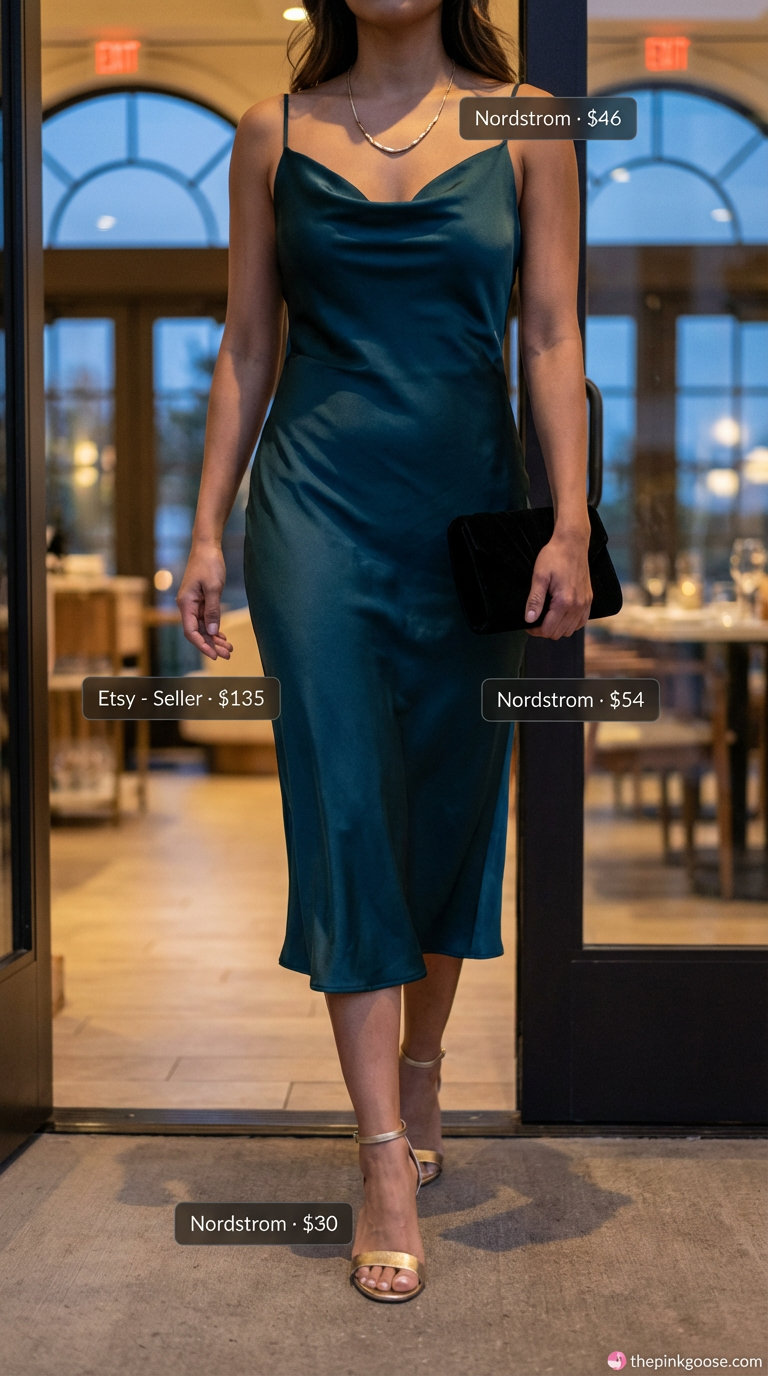 Elegant deep teal satin slip dress paired with metallic gold heels for sophisticated summer 2026 outfits for women over 50, perfect for a dinner date.