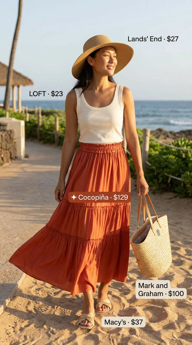 Bohemian summer beach outfit for women 2026, with a terracotta tiered maxi skirt, cream sleeveless tank top, large woven tote bag, straw hat, and raffia slide sandals, perfect for resort wear.