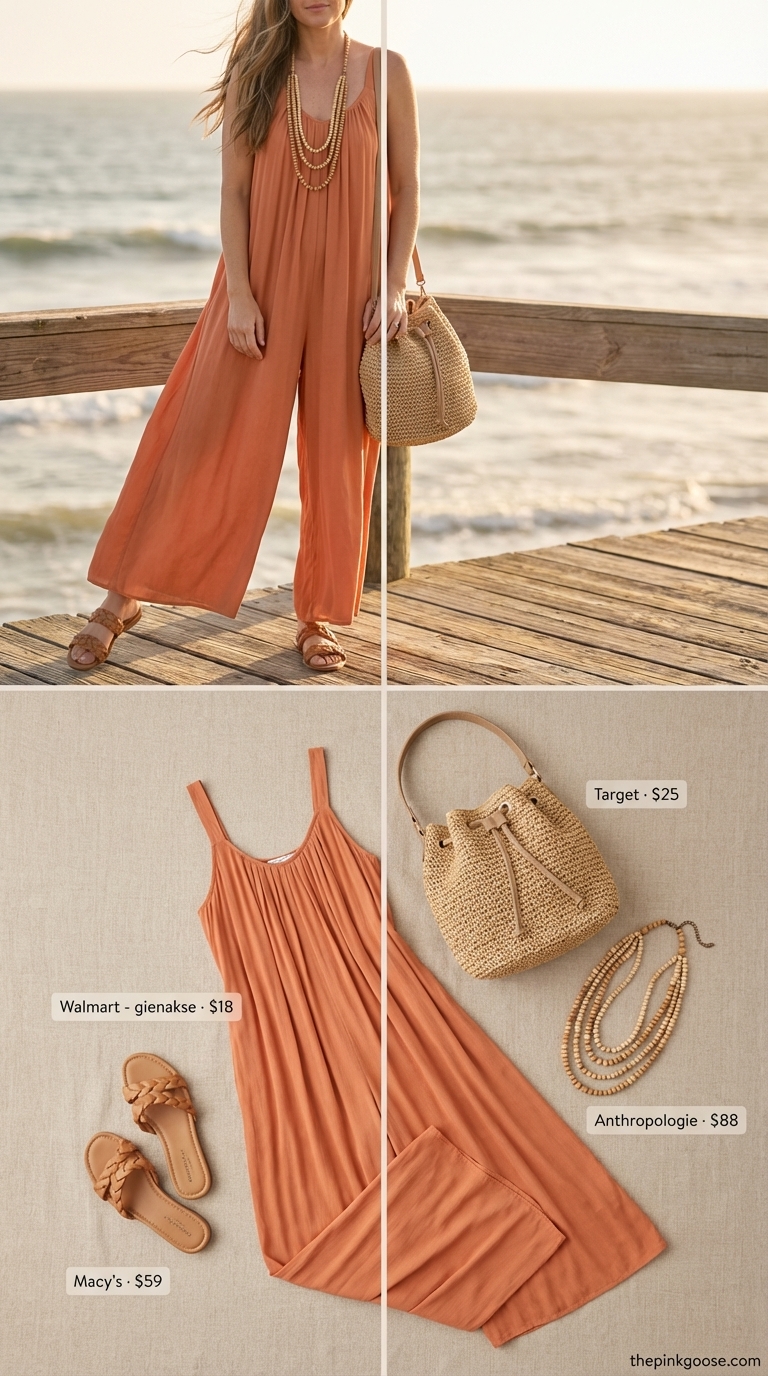 Boho beach wanderer summer outfit for women 2026, featuring a terracotta rayon wide-leg jumpsuit, tan leather slide sandals, and a straw bucket bag.