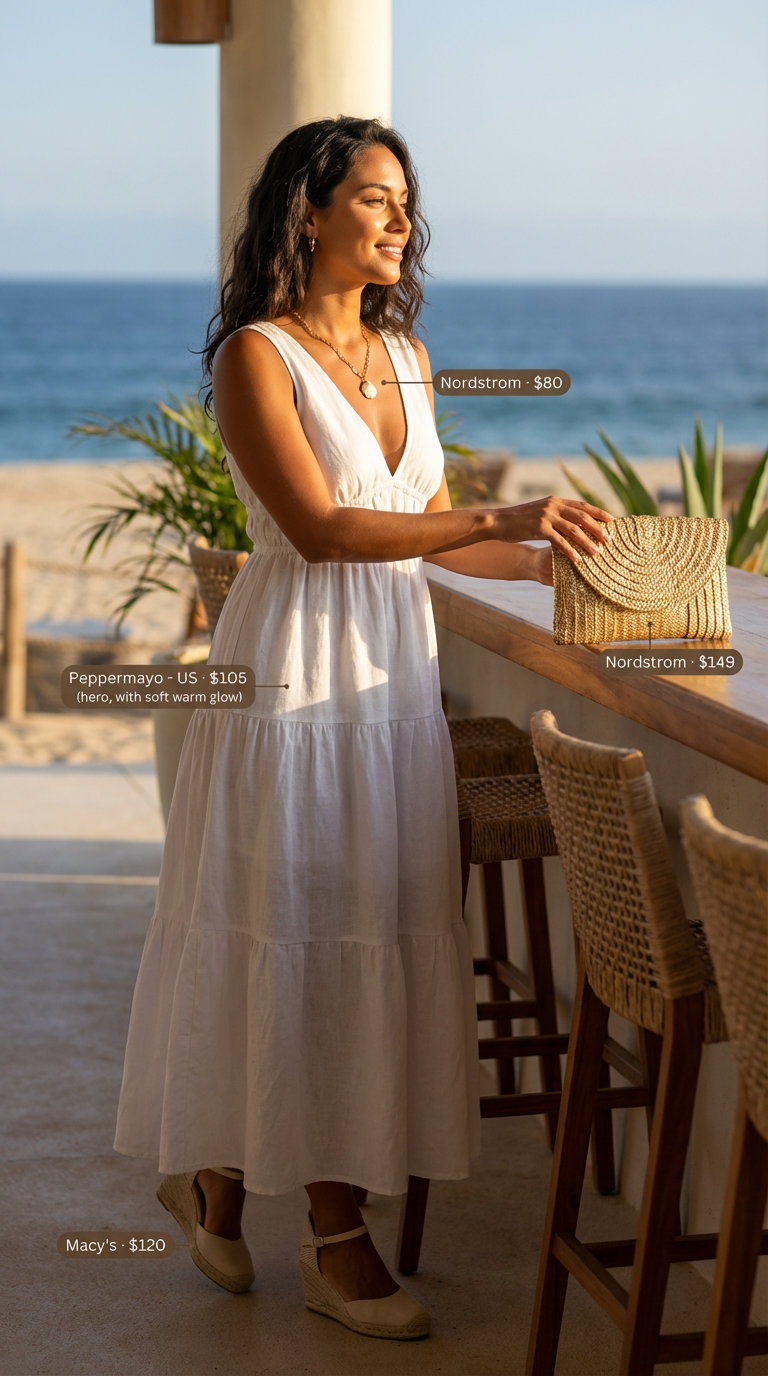 Sophisticated summer beach outfit for women 2026, showcasing an off-white linen blend maxi dress, gold espadrille sandals, a metallic woven clutch, and a delicate shell pendant necklace, for resort evenings.