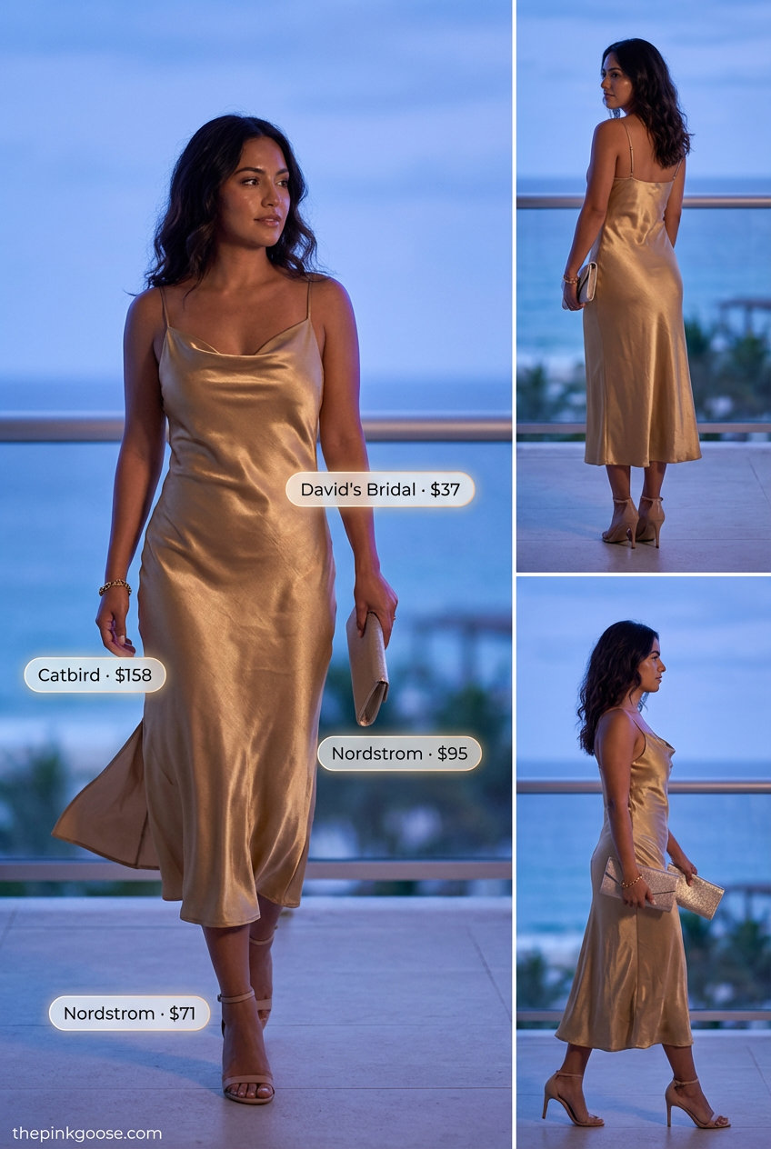 A woman showcases a shimmering gold satin midi slip dress, nude strappy heels, a gold chain bracelet, and a champagne clutch for glamorous summer beach outfits for women 2026.
