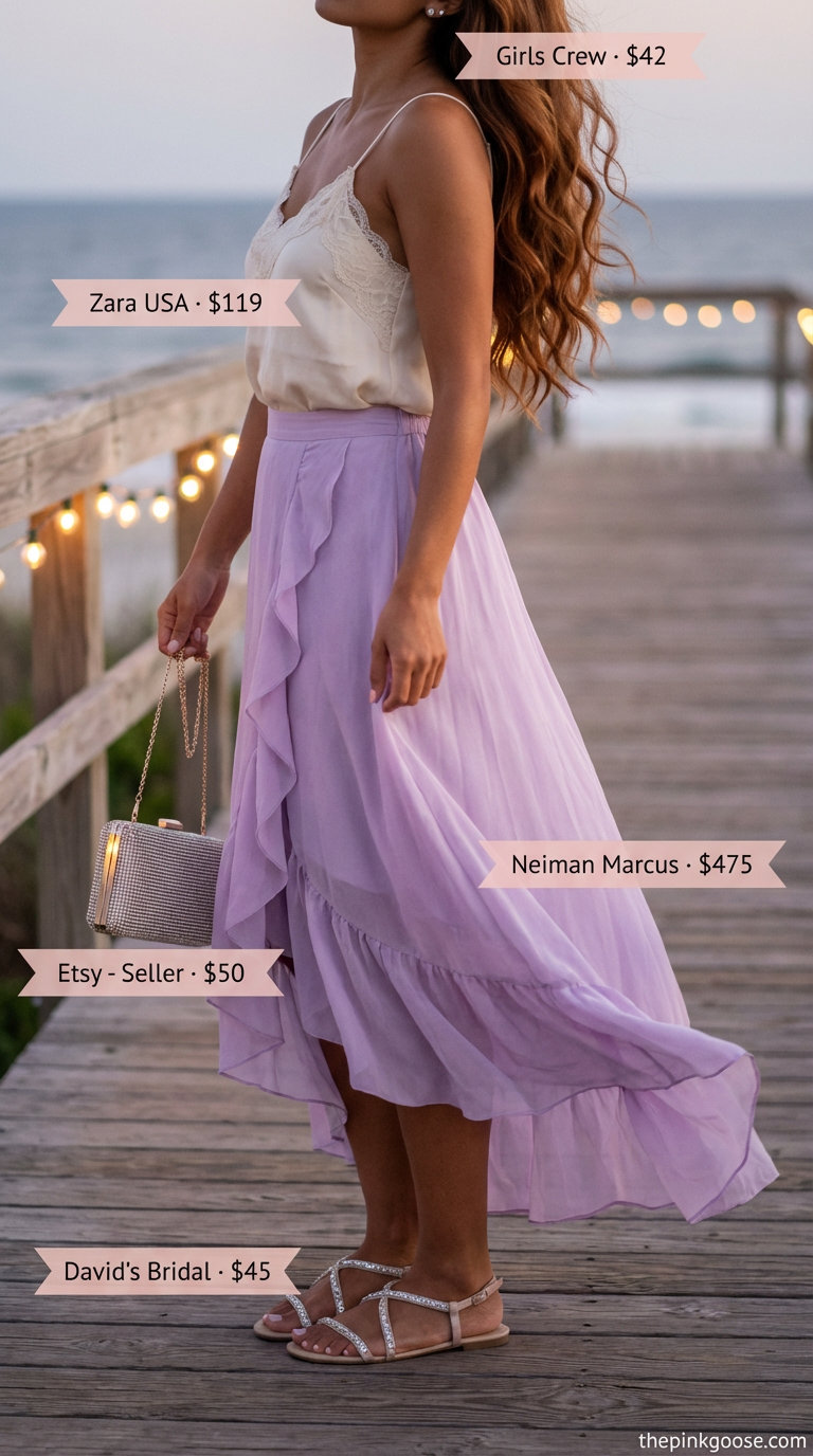 A woman models a lavender tiered maxi skirt, a cream lace camisole, silver embellished sandals, a sequined clutch, and silver stud earrings for romantic summer beach outfits for women 2026.