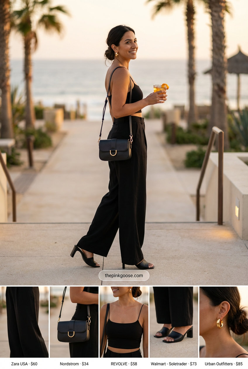 Monochrome beach elegance summer outfit for women 2026, featuring black wide-leg trousers, a matching cropped camisole, gold chunky hoop earrings, and heeled slide sandals.