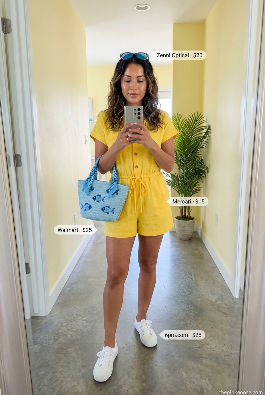 Energetic summer beach outfit for women 2026, featuring a bright yellow utility romper, white canvas sneakers, a novelty straw beach bag, and sporty blue sunglasses, perfect for a fun beach day.