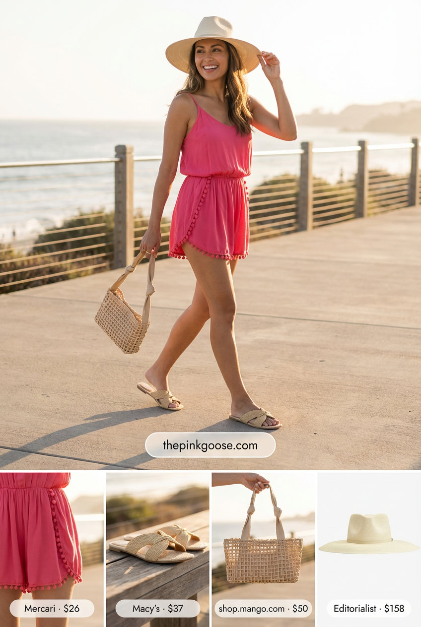 Playful summer beach outfit for women 2026, featuring a coral pink romper with pom-pom trim, flat jute sandals, a woven straw mini crossbody bag, and a wide-brim hat, ideal for a resort day or pool party.