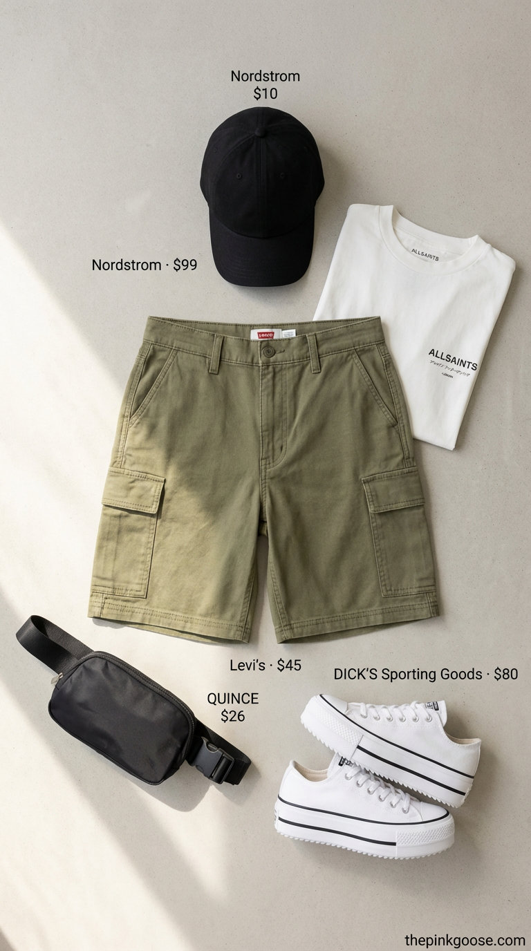 Sporty summer beach outfit for women 2026, with khaki green cargo shorts, a white graphic t-shirt, black baseball cap, chunky platform sneakers, and a belt bag, perfect for a casual brunch or outdoor activities.