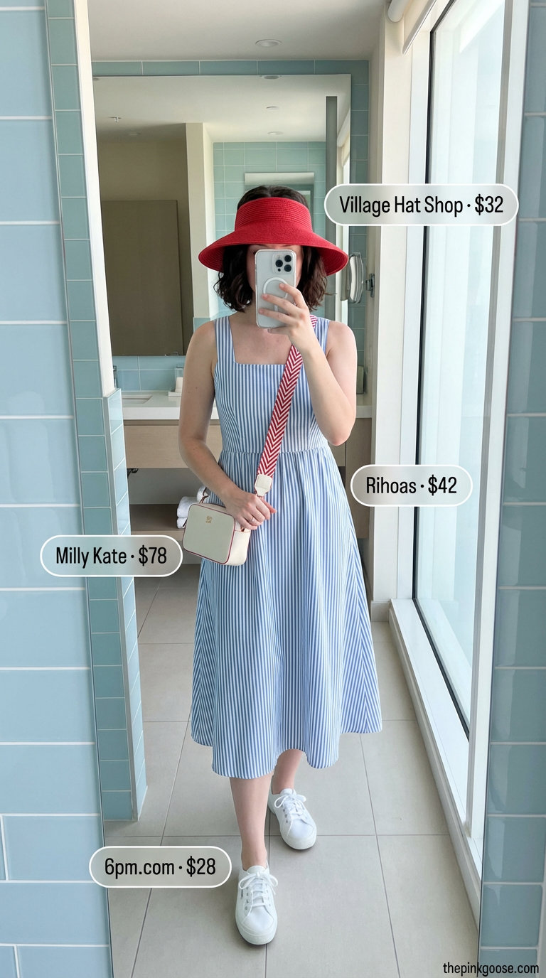 A woman wears a navy and white striped A-line midi sundress, white canvas sneakers, a red straw visor, and a small white cross-body bag, perfect for summer beach outfits for women 2026 for sightseeing or brunch.