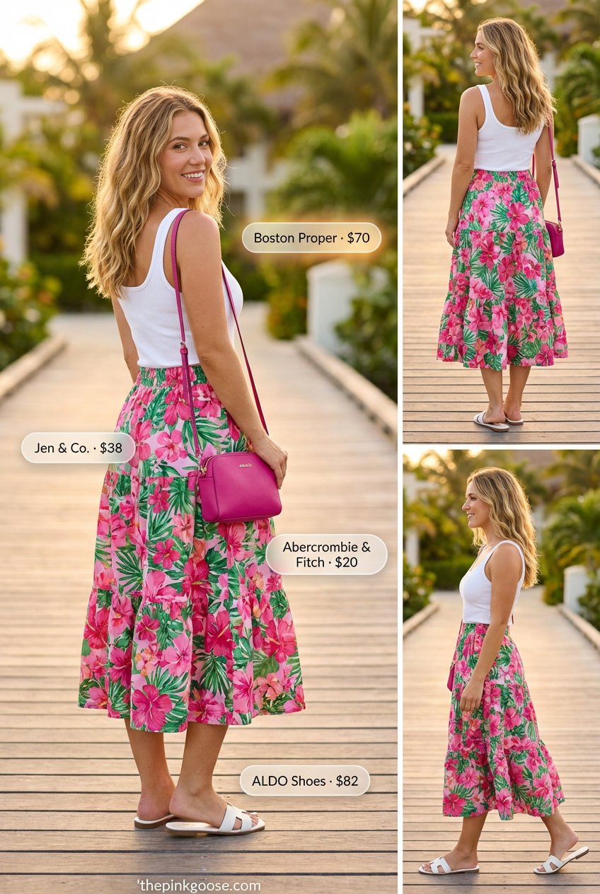 Vibrant summer beach outfit for women 2026, showcasing a green and pink tropical leaf print midi skirt, a crisp white ribbed tank top, fuchsia mini crossbody bag, and white slide sandals, for beach parties.