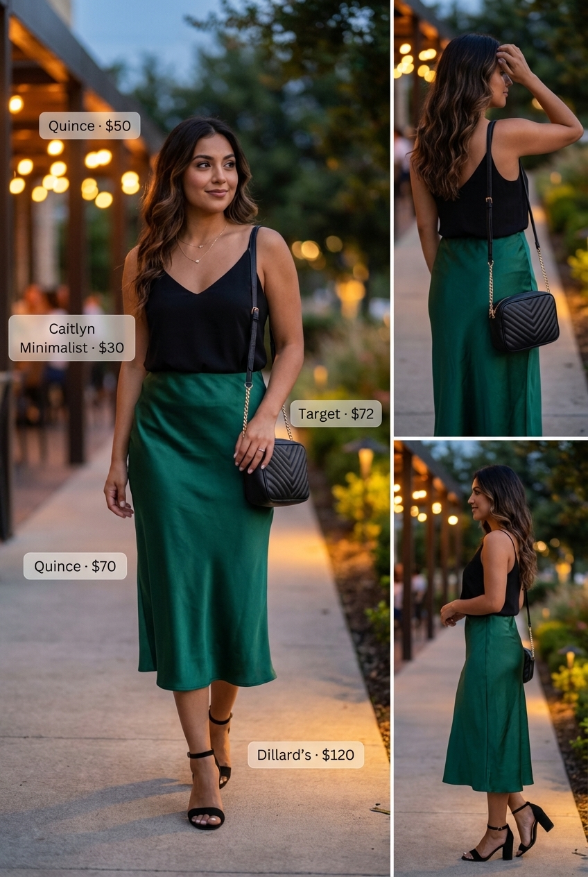 Effortless emerald green satin slip skirt, black camisole, and gold jewelry create a sophisticated look for summer Birthday outfits for women 2026.