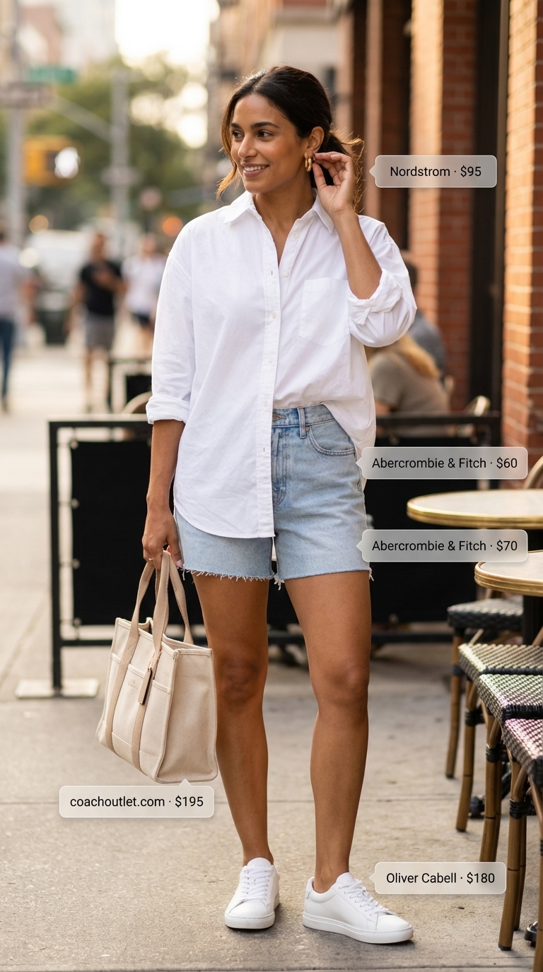 Casual light wash distressed denim shorts with an oversized white button-down and white sneakers, cool summer birthday outfits for women 2026 cafe dates.