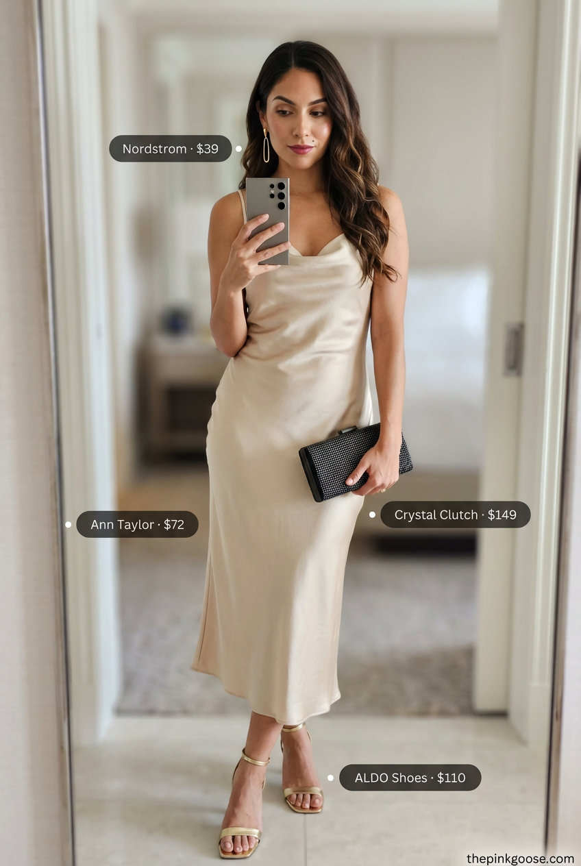 Glamorous champagne silk cowl neck slip dress, metallic gold sandals, and black rhinestone clutch for summer Birthday outfits for women 2026 city soirees.