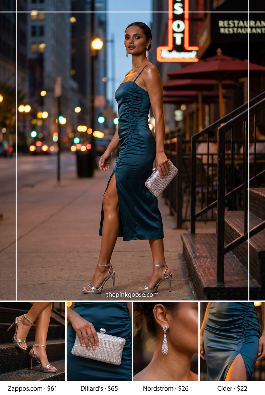 Glamorous deep teal bodycon midi dress, silver rhinestone earrings, and black stiletto heels for summer Birthday outfits for women 2026 night out.