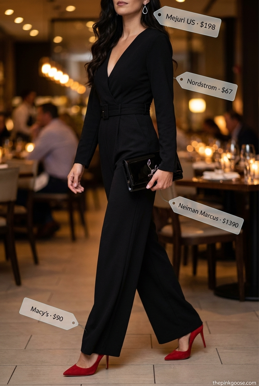 Sophisticated black crepe jumpsuit with a deep red suede stiletto heels and silver accessories, perfect for summer birthday outfits for women 2026 dinner occasions.