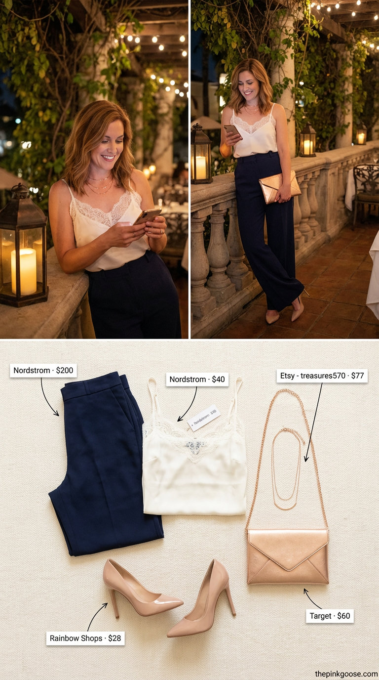Romantic ivory lace camisole with navy wide-leg tailored trousers, nude pumps, and rose gold jewelry for sophisticated summer birthday outfits for women 2026.