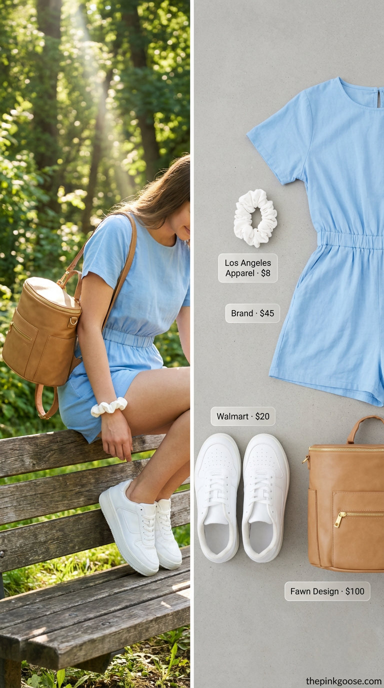 Playful sky blue utility romper, white platform sneakers, and mini backpack make a youthful choice for summer Birthday outfits for women 2026 park parties.