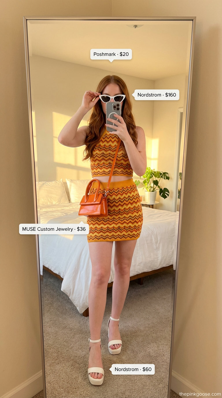 Radiant orange and yellow swirl print two-piece set, white platform sandals, and retro sunglasses for unique summer Birthday outfits for women 2026.