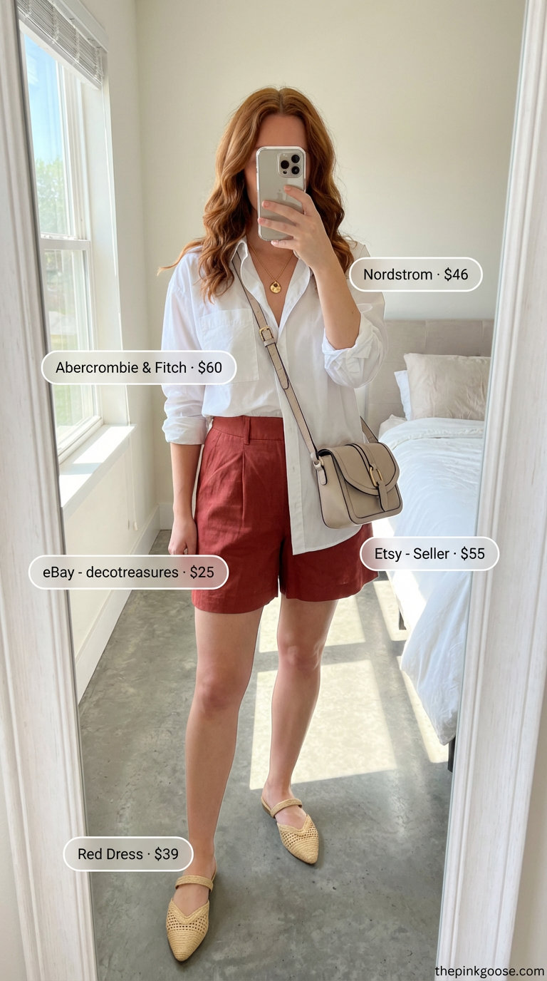 Sophisticated terracotta linen shorts with an oversized white button-down and raffia mules, ideal for summer birthday outfits for women 2026 brunch.