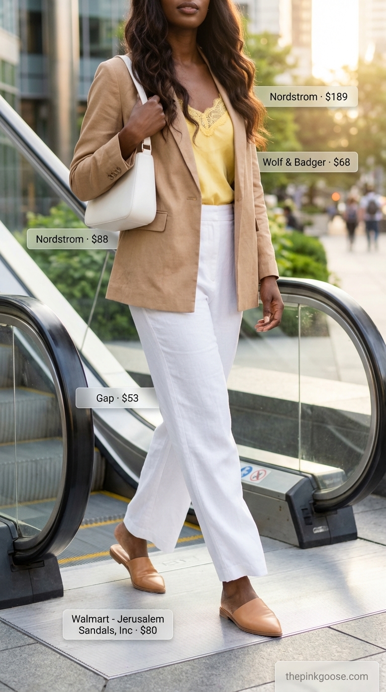Fresh white linen pants with a soft yellow silk camisole and tan blazer, creating elegant summer birthday outfits for women 2026 for brunch.