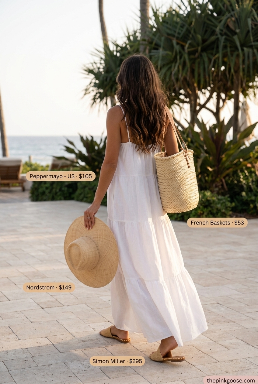Airy white linen maxi dress with raffia slides and a wide-brim straw hat, beautiful for summer birthday outfits for women 2026 beach parties.
