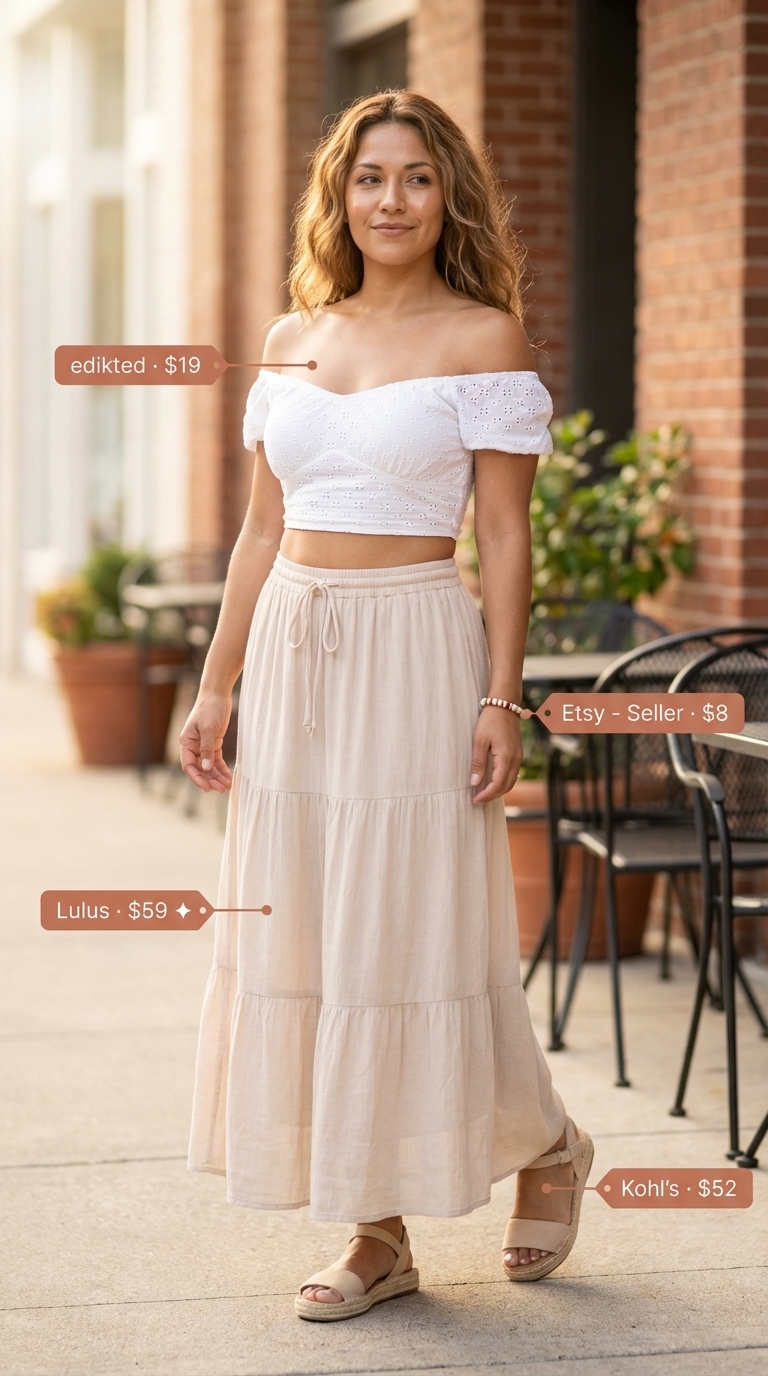 Bohemian brunch outfit featuring an embroidered white off-the-shoulder crop top and a white tiered linen maxi skirt, paired with terracotta woven bag, natural espadrille sandals, and stacked beaded bracelets, ideal for summer birthday outfits for women 2026.