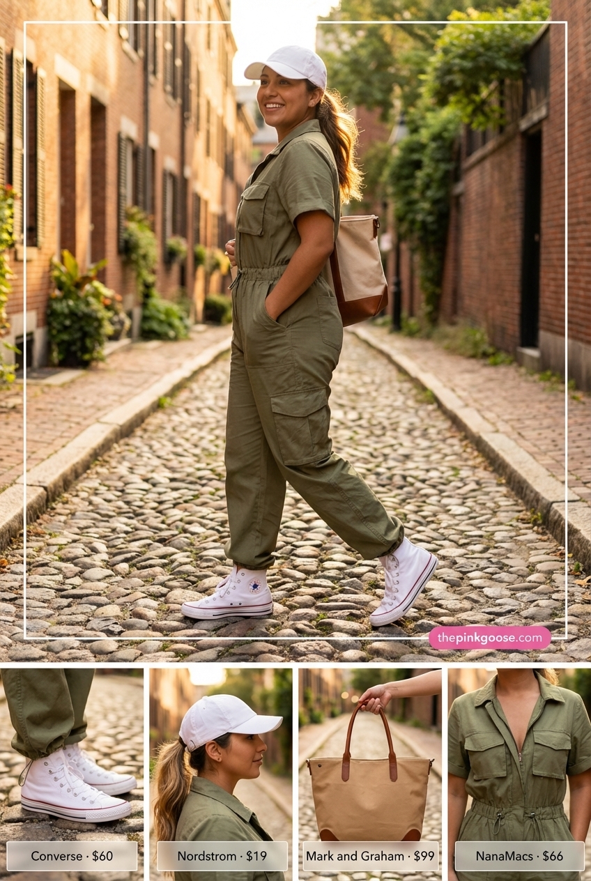 Cool and casual olive green utility jumpsuit with a cinched waist, styled with classic white low-top sneakers, a white baseball cap, and a canvas tote bag, perfect for summer birthday outfits for women 2026.