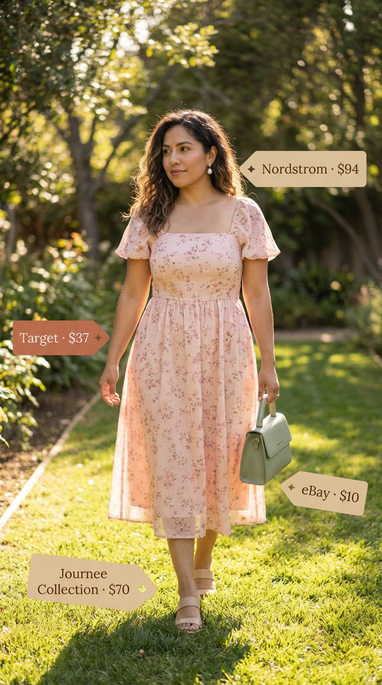 Elegant soft pink floral print A-line midi dress with short puff sleeves, paired with cream low block heel sandals, pearl drop earrings, and a structured sage green top-handle bag, perfect for summer birthday outfits for women 2026 garden parties.