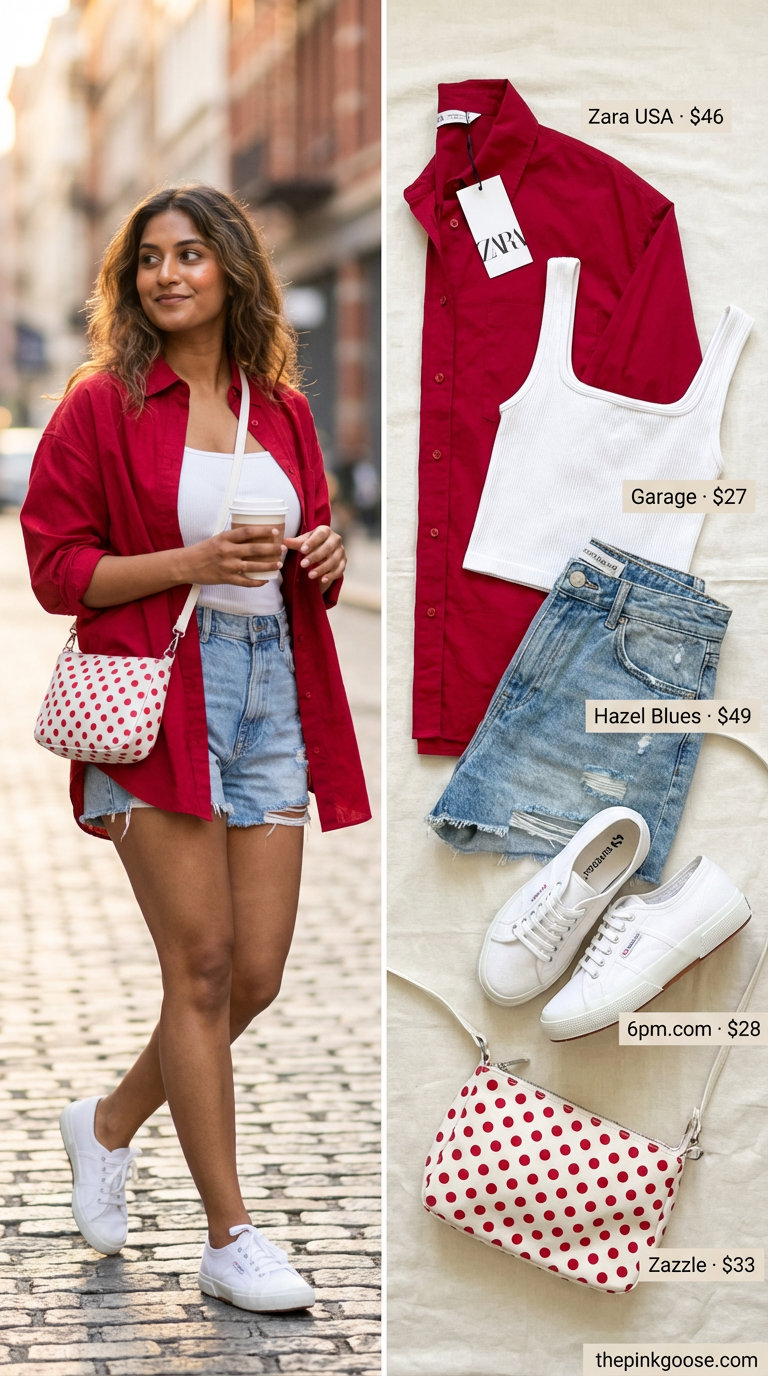 Retro poolside look featuring high-waisted distressed denim shorts, a white ribbed tank, and an oversized cherry red button-down shirt worn open, with white canvas sneakers and a polka dot bag for summer birthday outfits for women 2026.