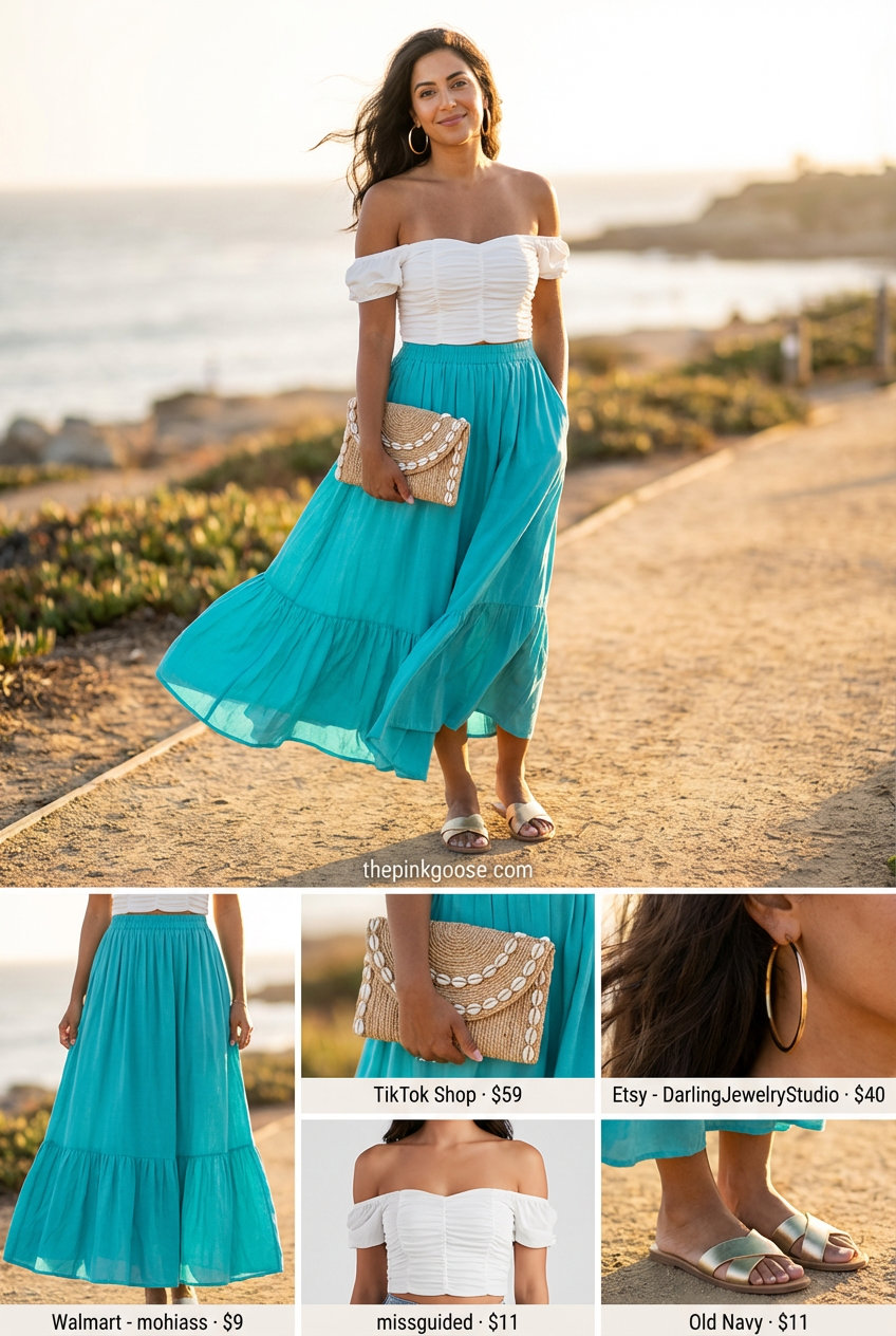 Joyful vacation outfit featuring a turquoise crinkle chiffon tiered maxi skirt and a white off-the-shoulder smocked crop top, accessorized with gold flat metallic slides, large gold hoop earrings, and a raffia embellished clutch for summer birthday outfits for women 2026.