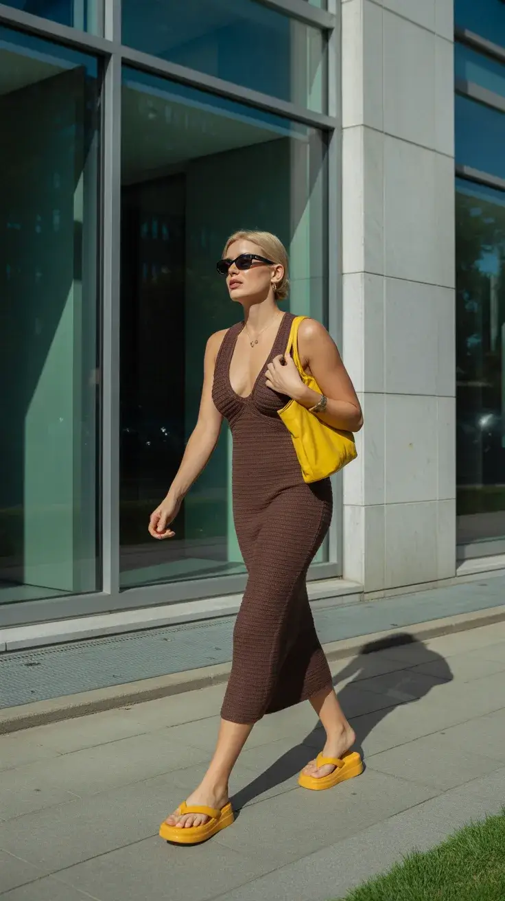 summer flip-flops 2026 Chocolate Dress and Bold Yellow Flip Flops Contrast