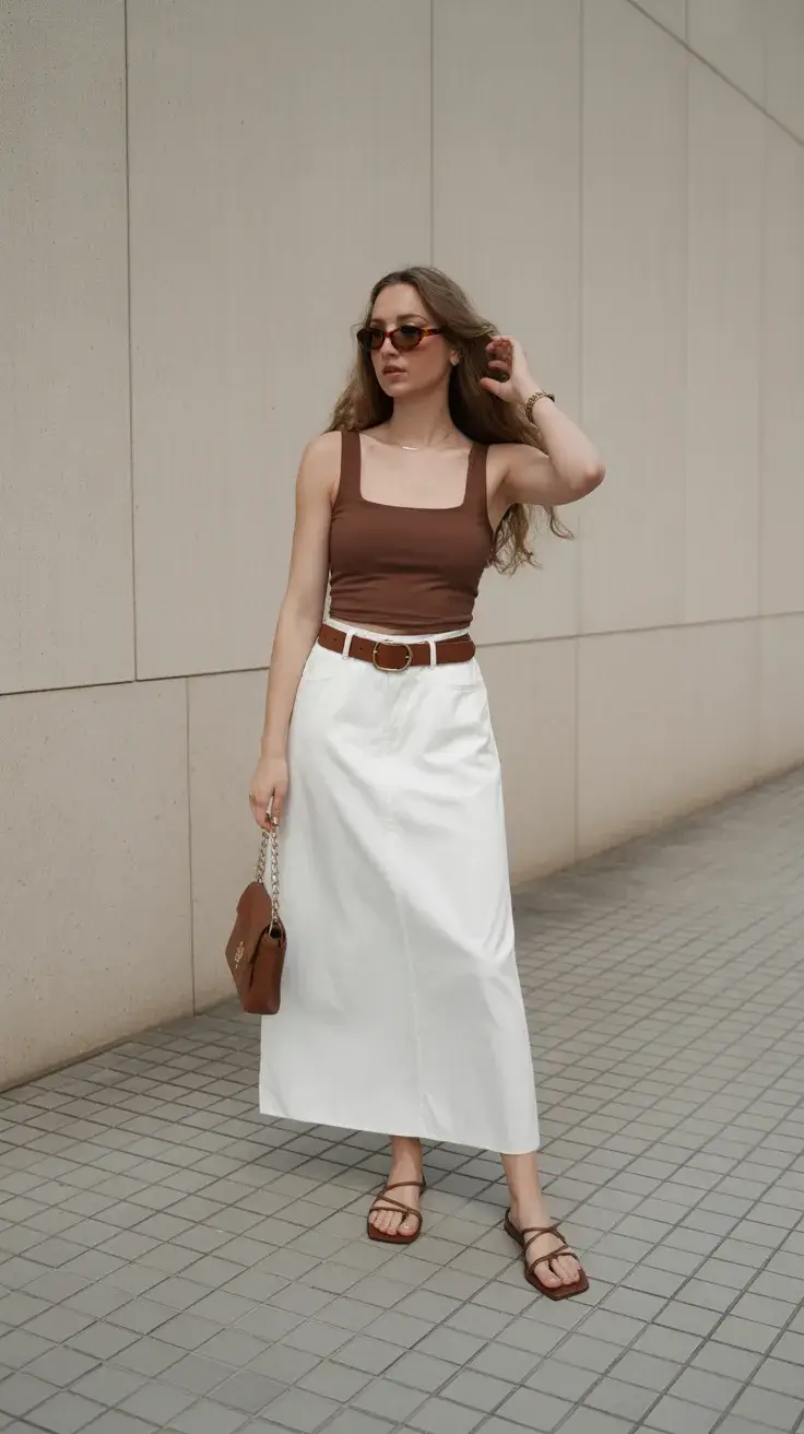 summer flip-flops 2026 Structured White Skirt and Warm Brown Layers
