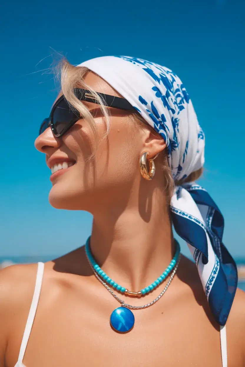 summer hairstyles for swimming 2026 Scarf Wrapped Updo with Statement Accessories