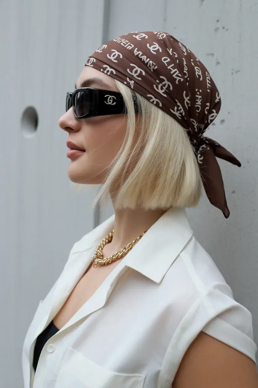 summer hairstyles for swimming 2026 Scarf-Wrapped Bob That Feels Like a Summer Mood