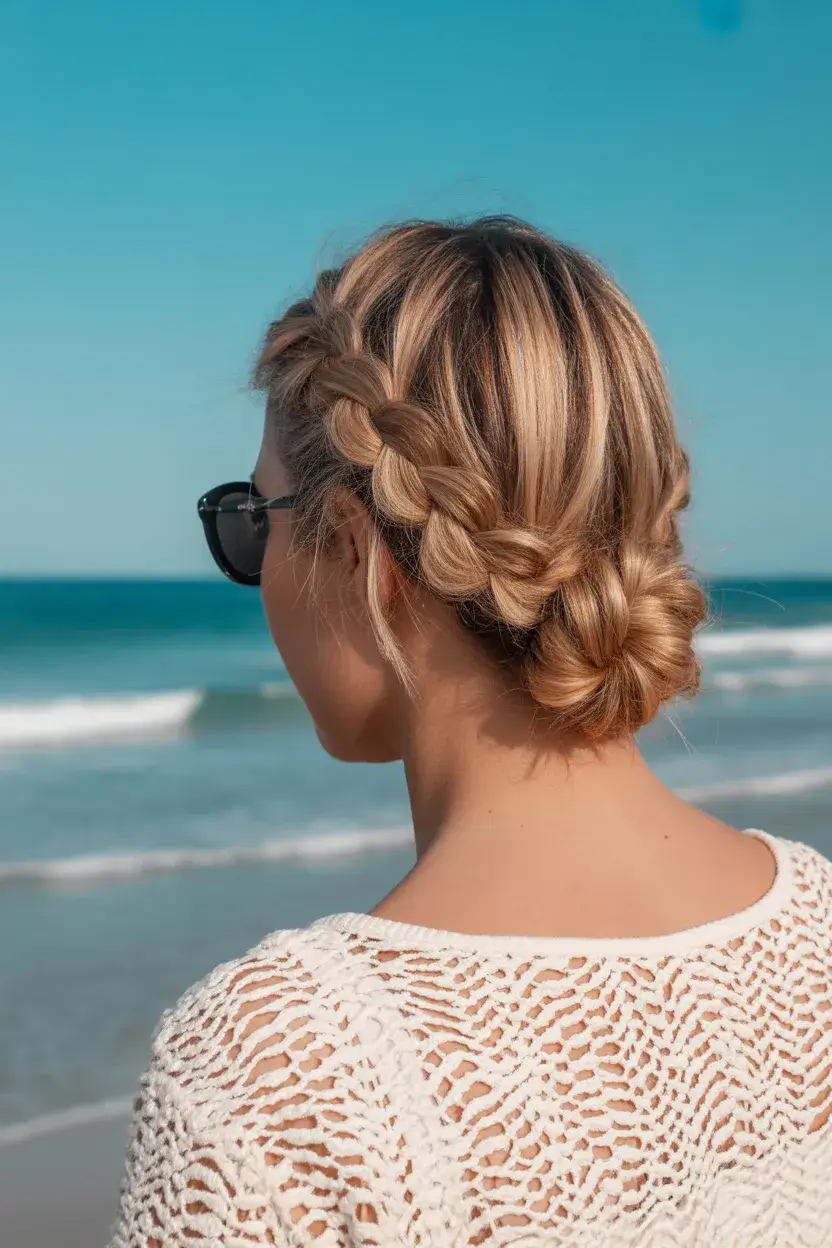 summer hairstyles for swimming 2026 Side Braid Into a Textured Beach Bun