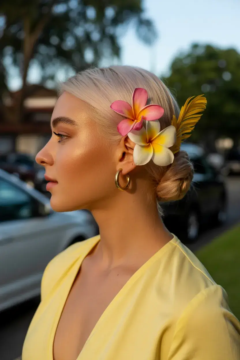 summer hairstyles for swimming 2026 Soft Low Bun with Tropical Flower Accent