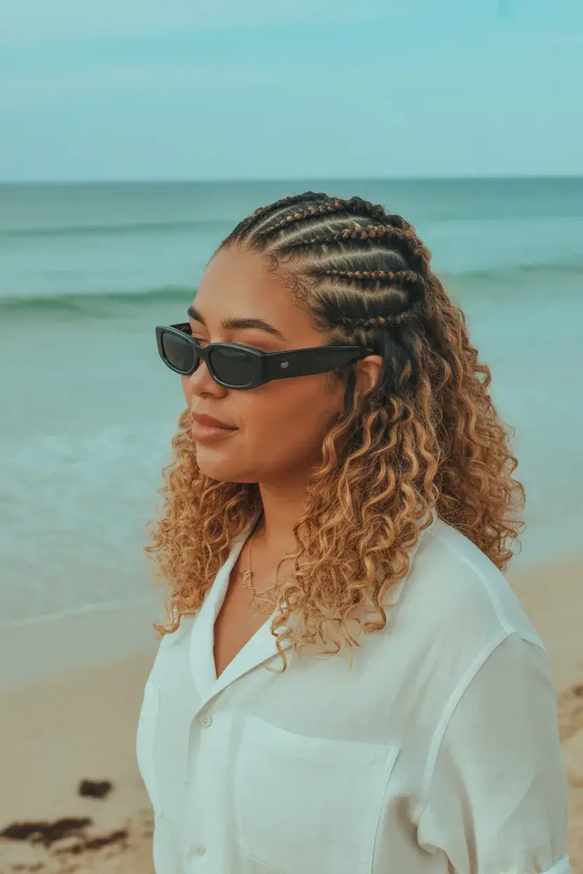 summer hairstyles for swimming 2026 Half Cornrow Braids with Natural Curly Volume