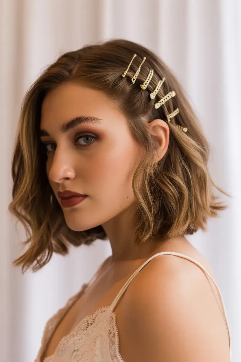 summer hairstyles for swimming 2026 Soft Wavy Bob with Gold Pins for Elevated Pool Days