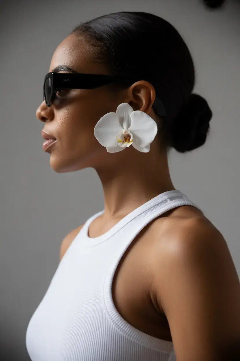 summer hairstyles for swimming 2026 Sporty Sleek Bun with Oversized Floral Detail