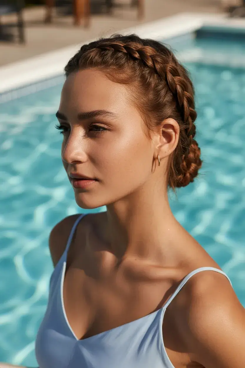 summer hairstyles for swimming 2026 Classic Crown Braids into a Low Bun