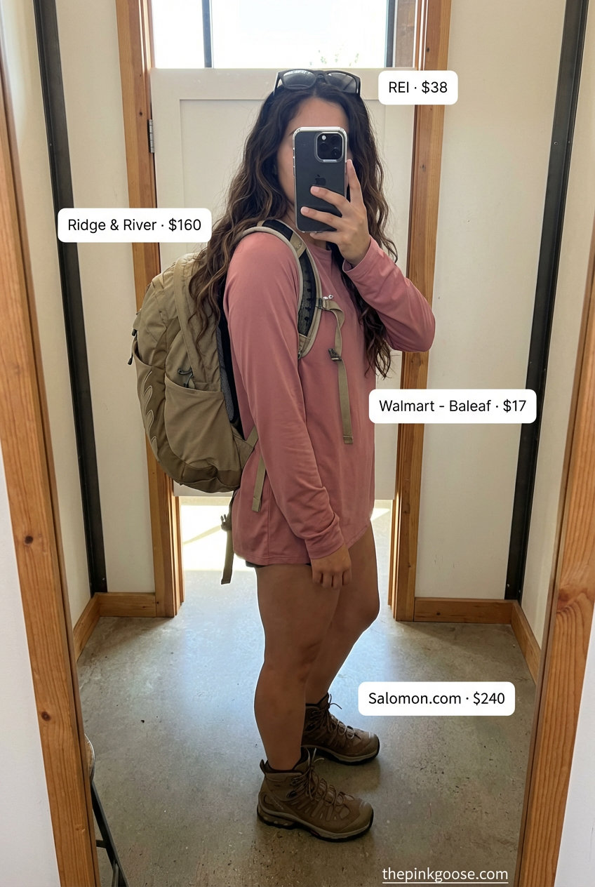 Adventurous woman in khaki quick-dry hiking shorts, a dusty rose long-sleeve sun shirt, and earth brown waterproof low-cut hiking boots, for nature photography. A rugged summer hiking outfit for women2026.