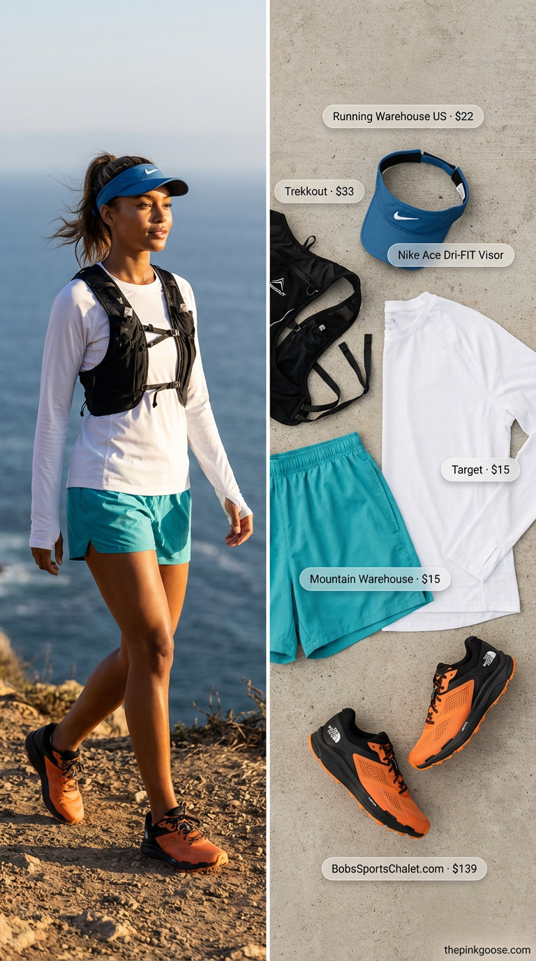 Agile woman in ocean blue lightweight hiking shorts, a white long-sleeve performance shirt, and rust orange trail running shoes, for a fast-paced coastal cliff scramble. A dynamic summer hiking outfit for women2026.