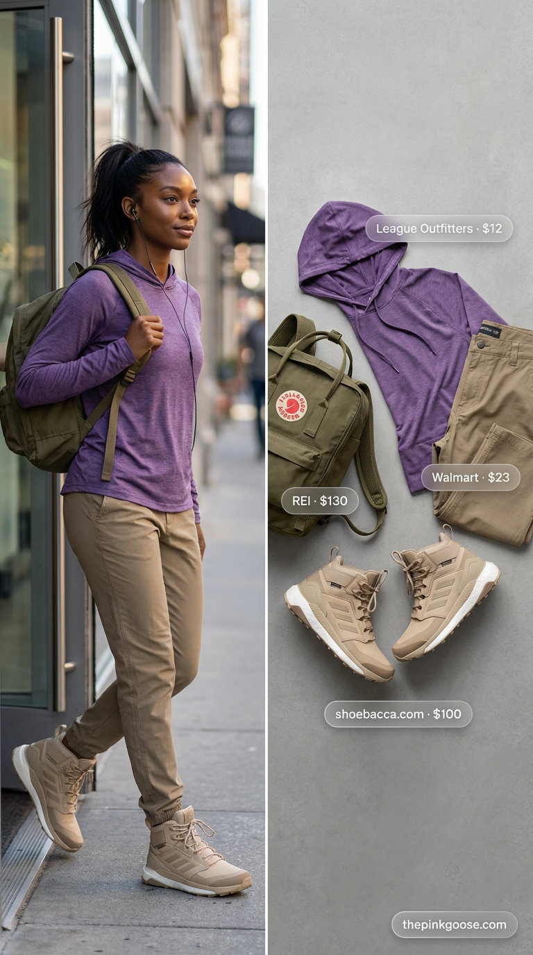 Resilient woman in sandstone hiking pants, a deep plum long-sleeve performance shirt, and black waterproof hiking boots, ready for a desert trek. Essential summer hiking outfit for women2026.