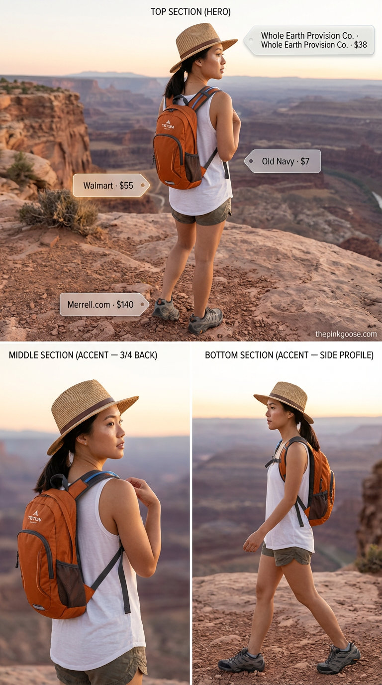 Cool woman in light khaki linen blend hiking pants and an off-white tank top, with breathable mesh shoes and a terracotta backpack, perfect for hot desert exploration. An effortless summer hiking outfit for women2026.