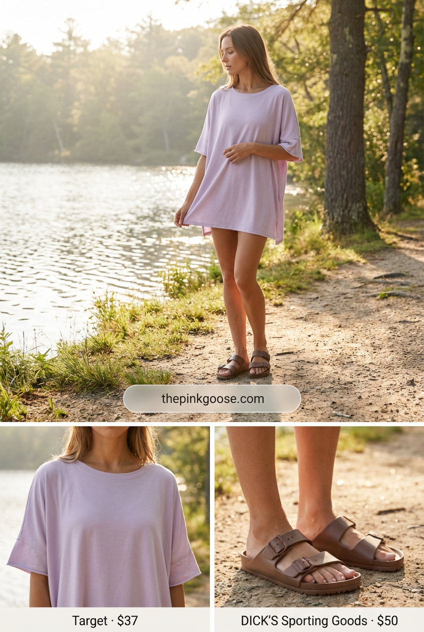Tranquil woman in lavender moisture-wicking capri leggings and a crisp white tunic top, with brown athletic sandals, perfect for a relaxed lakeside loop stroll. A comfortable summer hiking outfit for women2026.