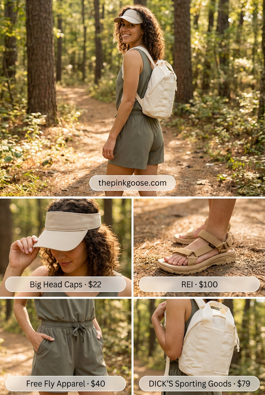 Joyful woman in a sage green quick-dry technical romper, tan hiking sandals, and a cream daypack for a casual summer meadow meander. A perfect summer hiking outfit for women2026.