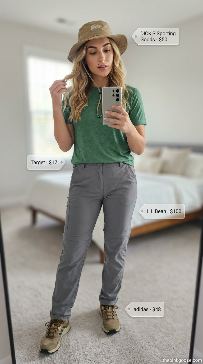 Exploratory woman in stone grey convertible hiking pants and a forest green quick-dry t-shirt, ready for a multi-terrain riverside ramble. Great summer hiking outfit for women2026.