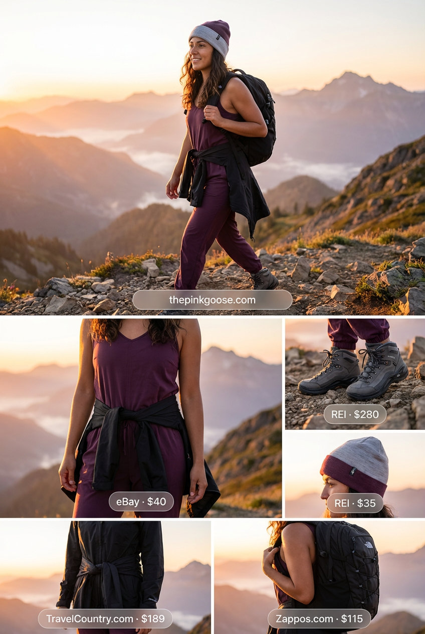 A prepared woman in a deep plum technical hiking jumpsuit and black jacket, ready for a sunrise trek. Ideal summer hiking outfit for women2026.
