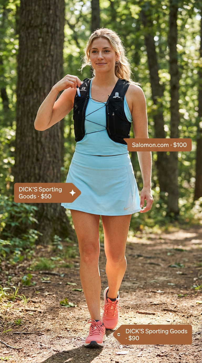 An effortless Summer hiking outfit for women2026, featuring a sky blue performance skort, light grey graphic tee, coral and grey trail sneakers, and a black hydration vest, great for light trails and picnics.